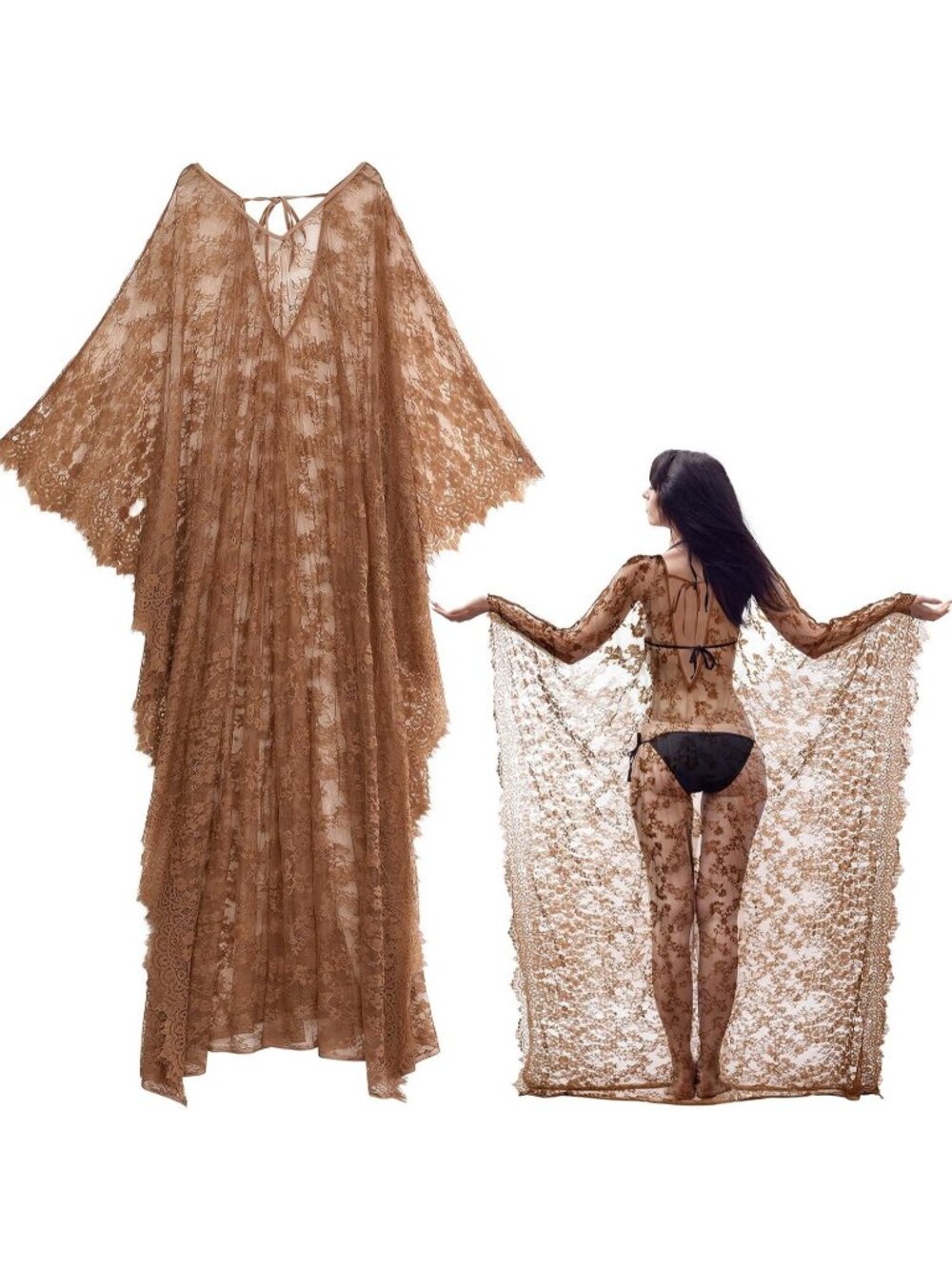 Women's Boho Witch Lace Kimono Kaftan Beach Cover Up Maternity Robe-Brown